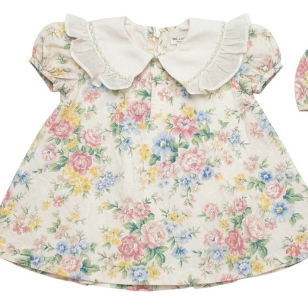 Vintage Floral 2 Piece Set Ruffle Peter Pan Collar Top and Bloomers Cream Pink